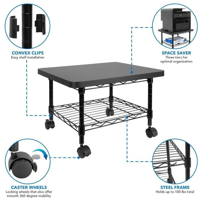 Multipurpose Black Metal 2-Tier Mobile Under Desk Printer Stand Cart w/ Casters-3