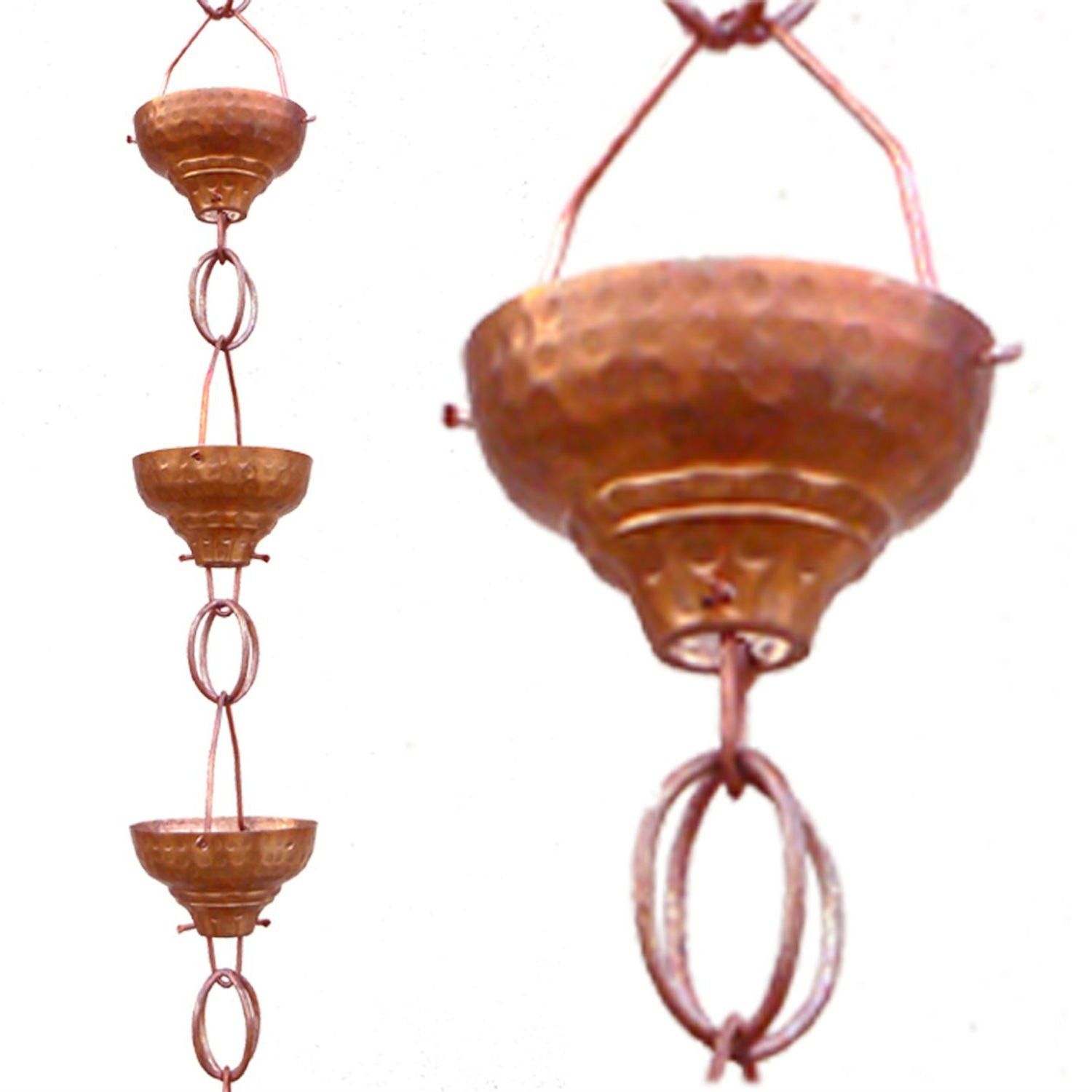 Pure Copper 8.5-Ft Rain Chain with 13 Hammered Funnel Shape Cups-0