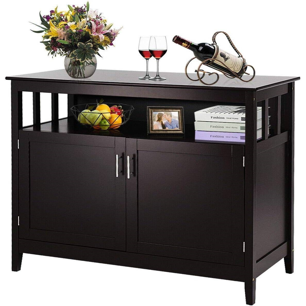 Dark Brown Wood 2-Door Dining Buffet Sideboard Cabinet with Open Storage Shelf-0