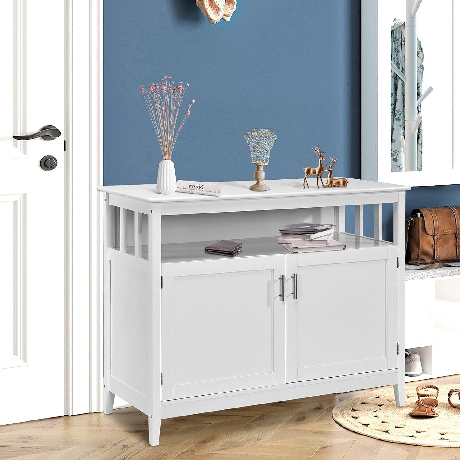 White Wood 2-Door Dining Buffet Sideboard Cabinet with Open Storage Shelf-2