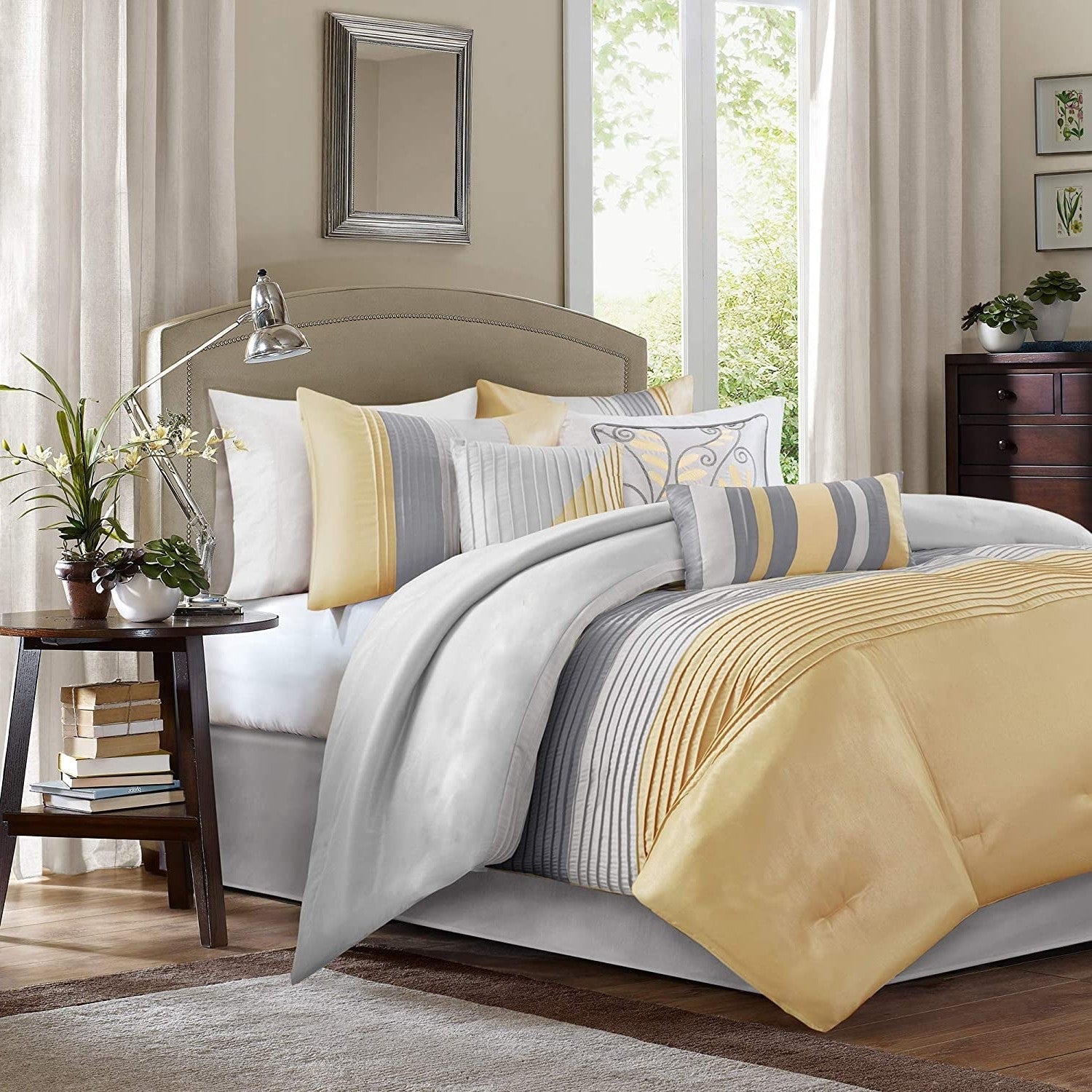 Queen Size 7 Piece Bed In A Bag Comforter Set Faux Silk Yellow Gray Stripes-0