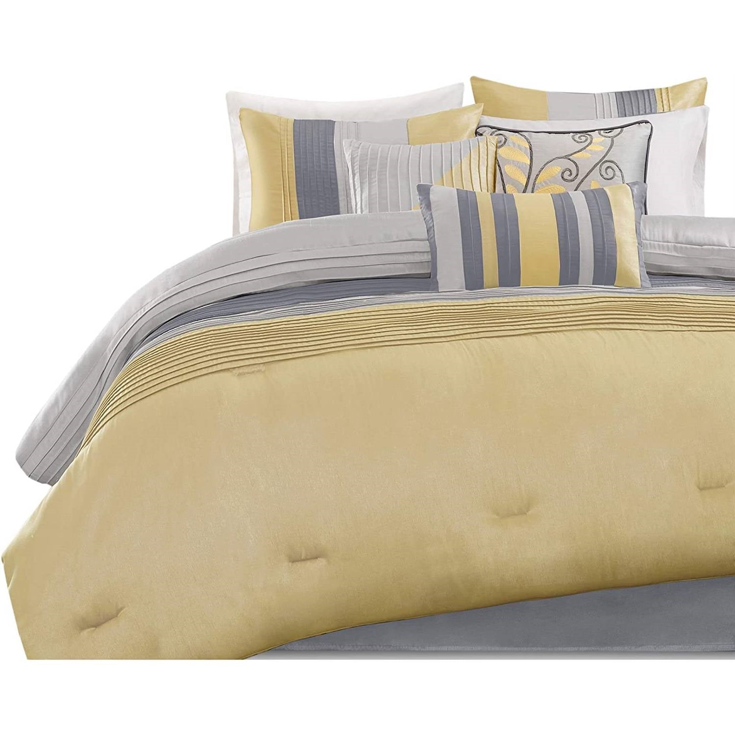 Queen Size 7 Piece Bed In A Bag Comforter Set Faux Silk Yellow Gray Stripes-1