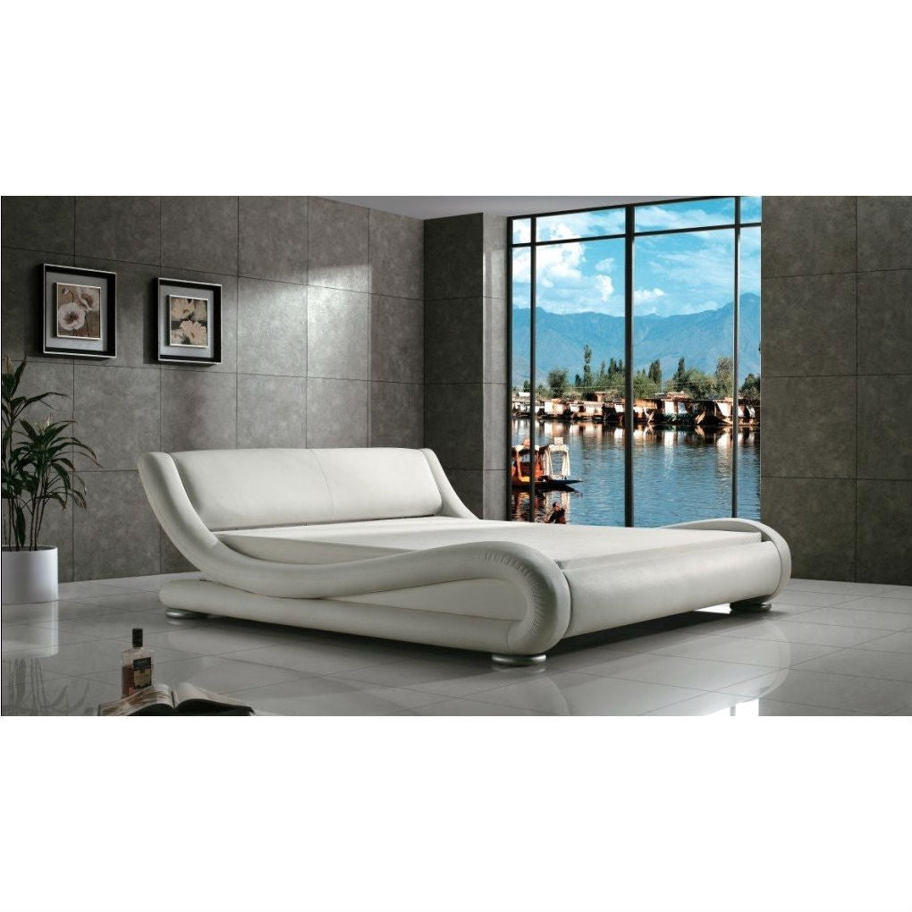 Queen Modern White Upholstered Platform Bed with Curved Sides & Headboard-0