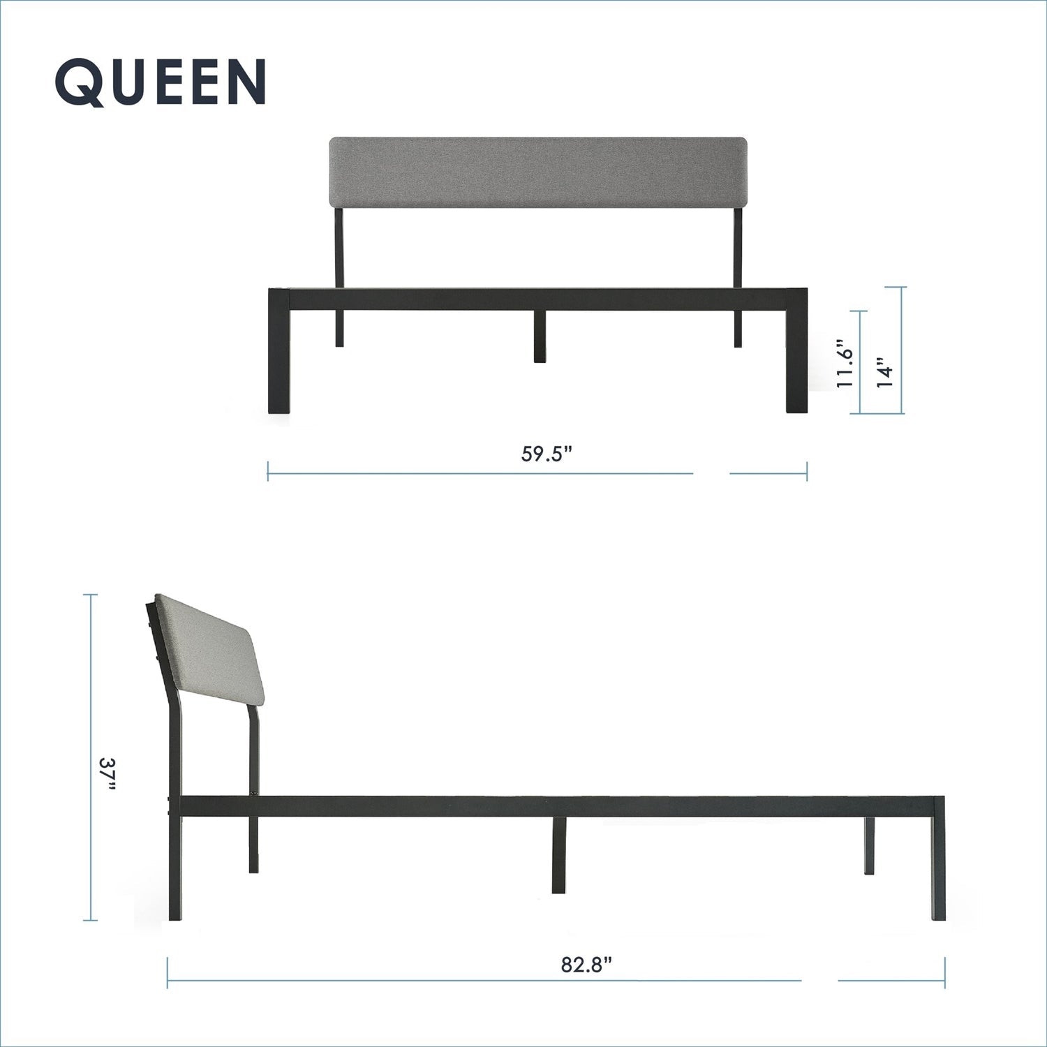 Queen Size Grey Soft Fabric Metal Headboard Platform Bed Wooden Slats-1