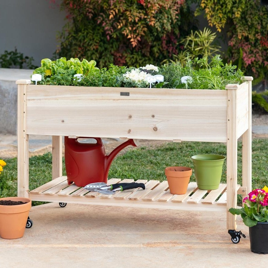 Solid Wood Locking Wheels Raised Mobile Garden Wood Planter Elevated Planter-1