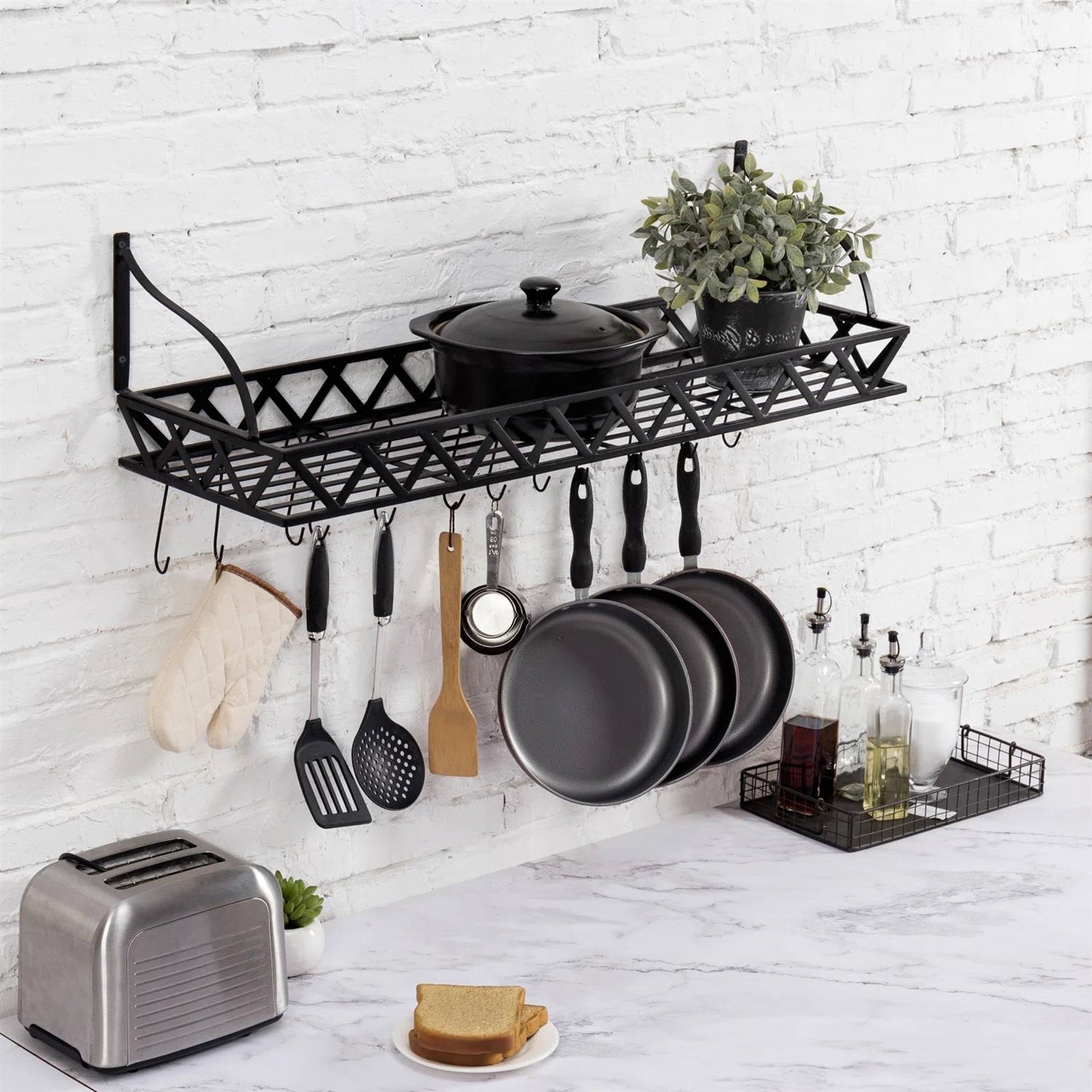 Black Metal Rectangular Wall Mounted Kitchen Pot Rack with 12 Hanging Hooks-0