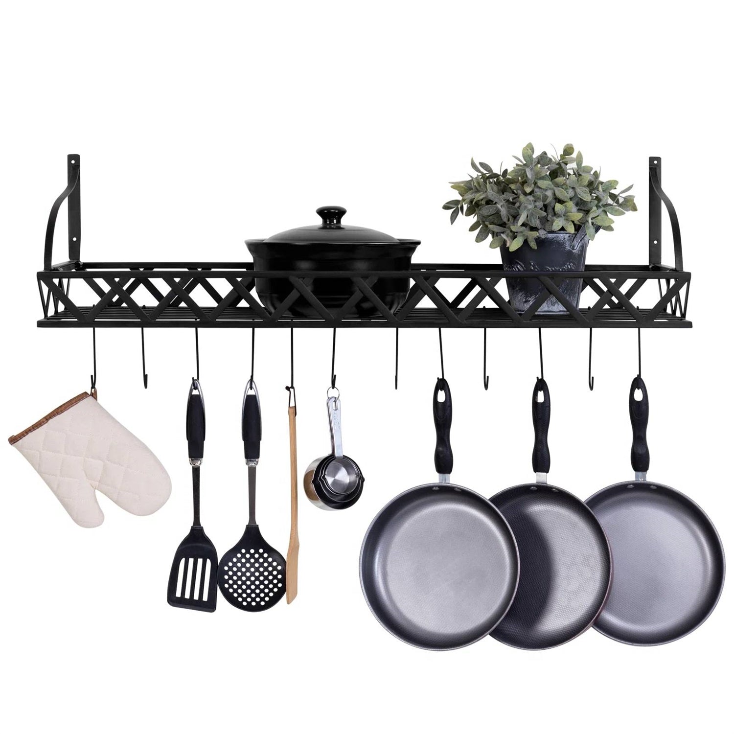 Black Metal Rectangular Wall Mounted Kitchen Pot Rack with 12 Hanging Hooks-2