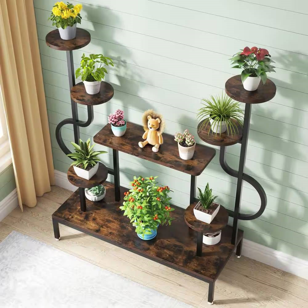 Modern Industrial Metal Wood Stepped Shelf Bookcase Plant Stand Shelving Unit-1
