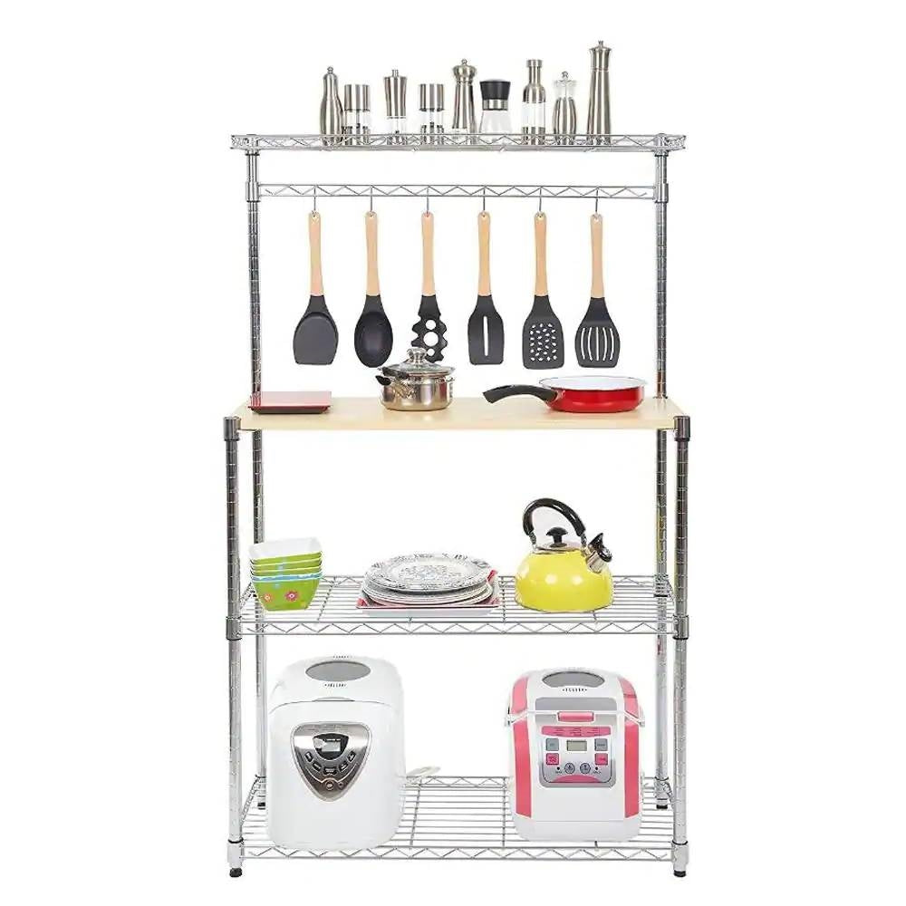 Carbon Steel Kitchen Bakers Rack with MDF Wood Shelf and Hanging Bar with Hooks-0