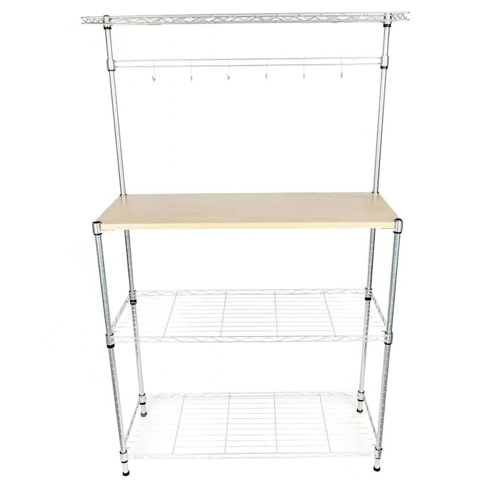 Carbon Steel Kitchen Bakers Rack with MDF Wood Shelf and Hanging Bar with Hooks-1