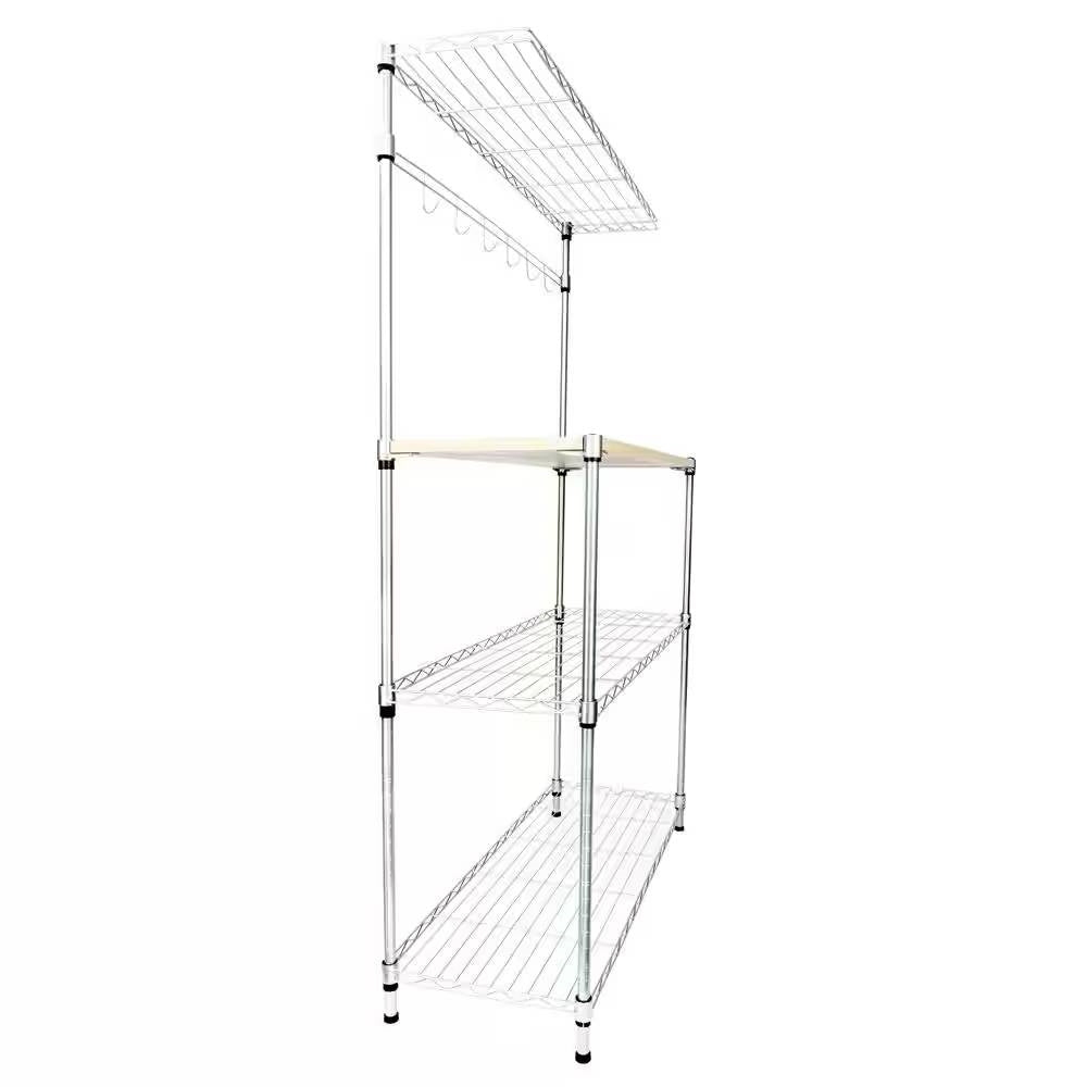 Carbon Steel Kitchen Bakers Rack with MDF Wood Shelf and Hanging Bar with Hooks-2