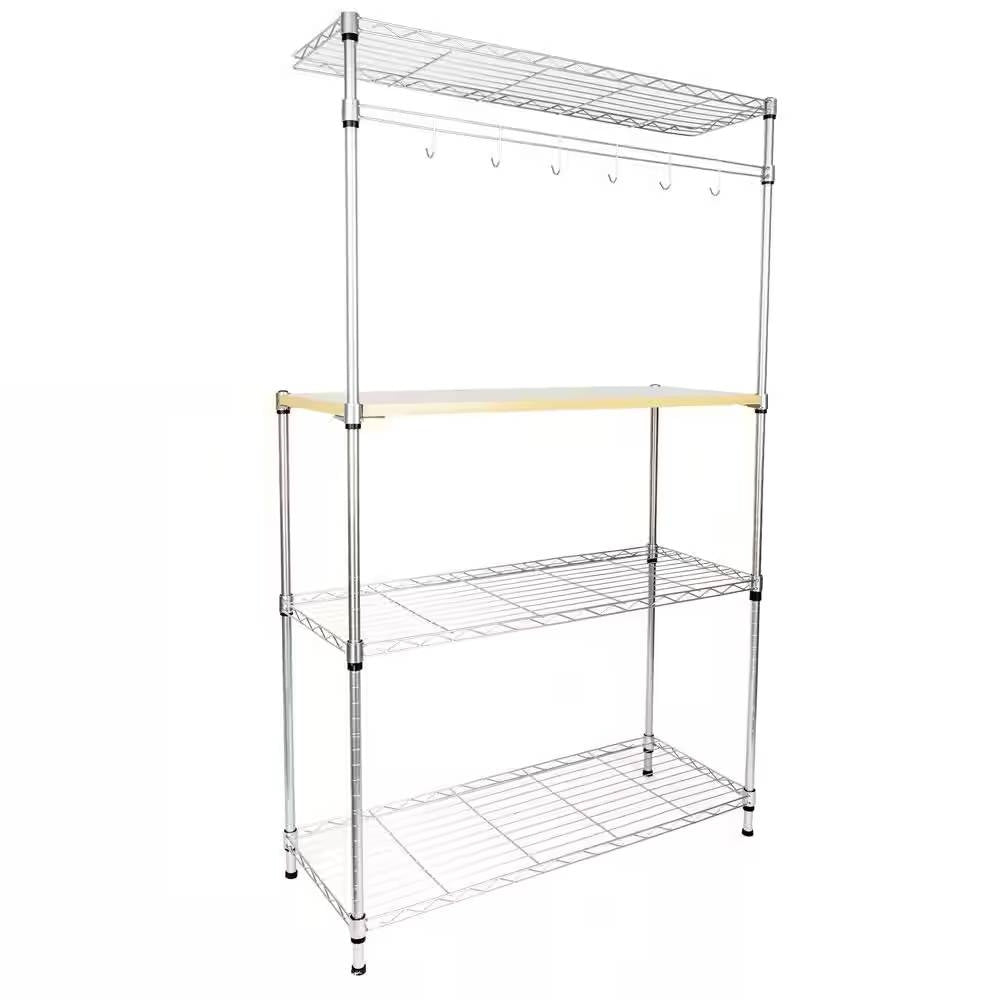 Carbon Steel Kitchen Bakers Rack with MDF Wood Shelf and Hanging Bar with Hooks-3