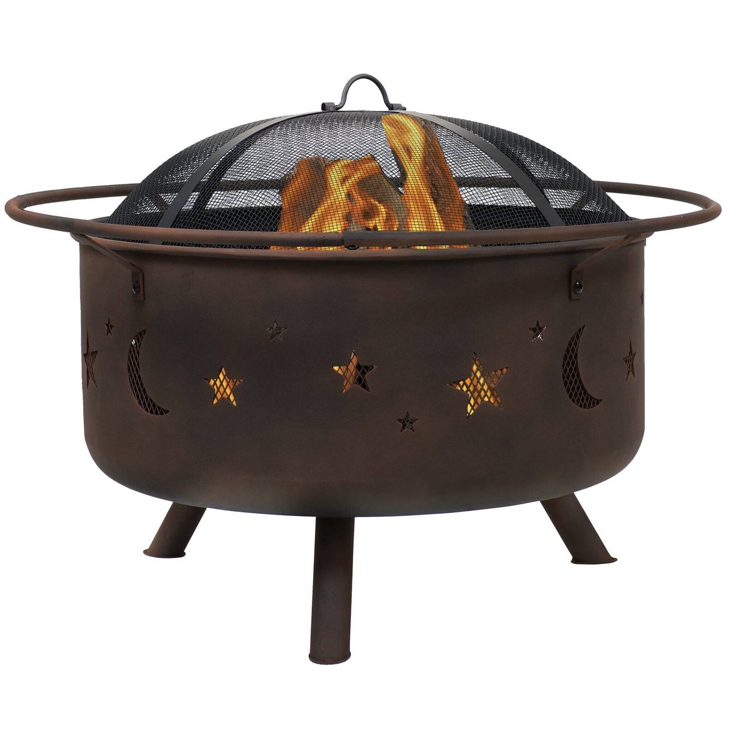 Moon Stars Sky Steel Fire Pit Bowl with Screen Cooking Grate and Poker-0