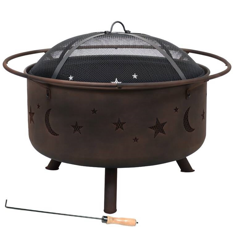 Moon Stars Sky Steel Fire Pit Bowl with Screen Cooking Grate and Poker-1