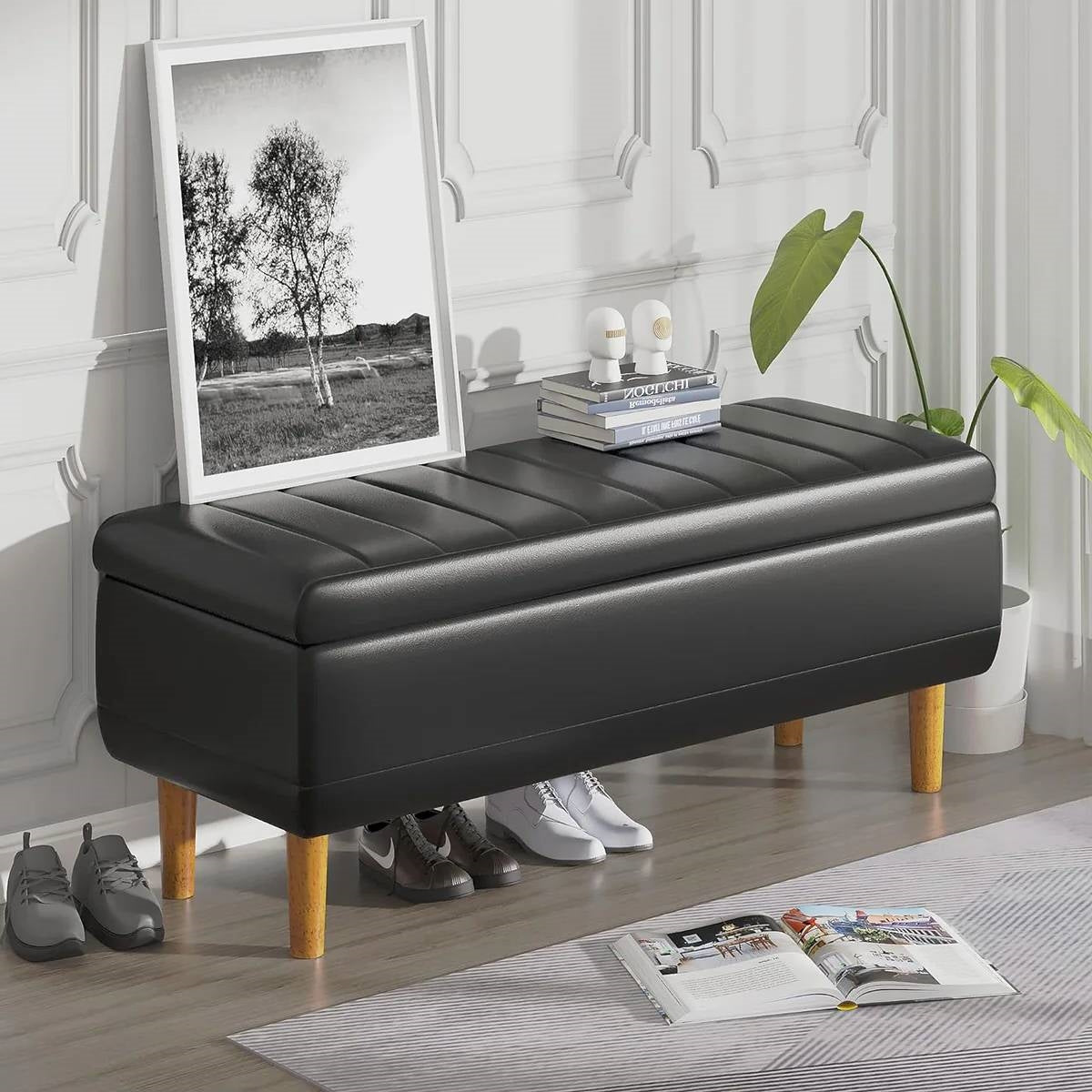 Modern Mid-Century Black Faux Leather End of Bed Storage Bench Ottoman-3