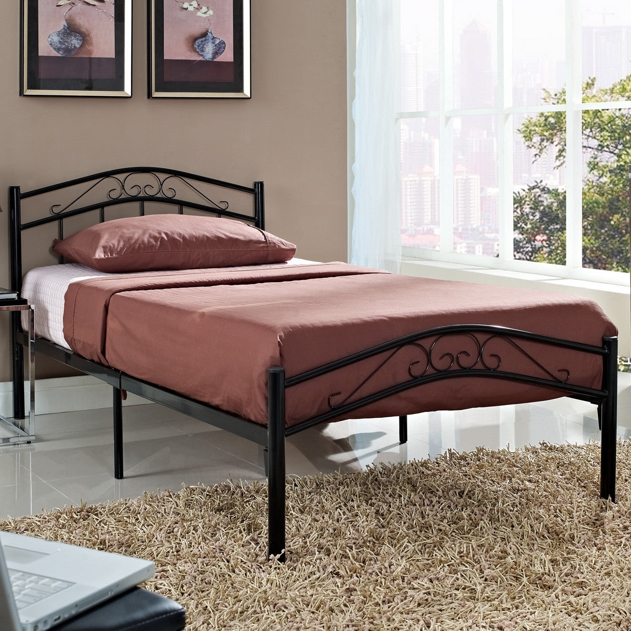 Twin size Black Metal Platform Bed with Headboard and Footboard-0