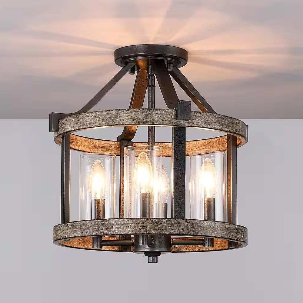 Round 4-Light 12.5-inch Metal Wood Farmhouse Ceiling Lamp - Semi-Flush Mount-3