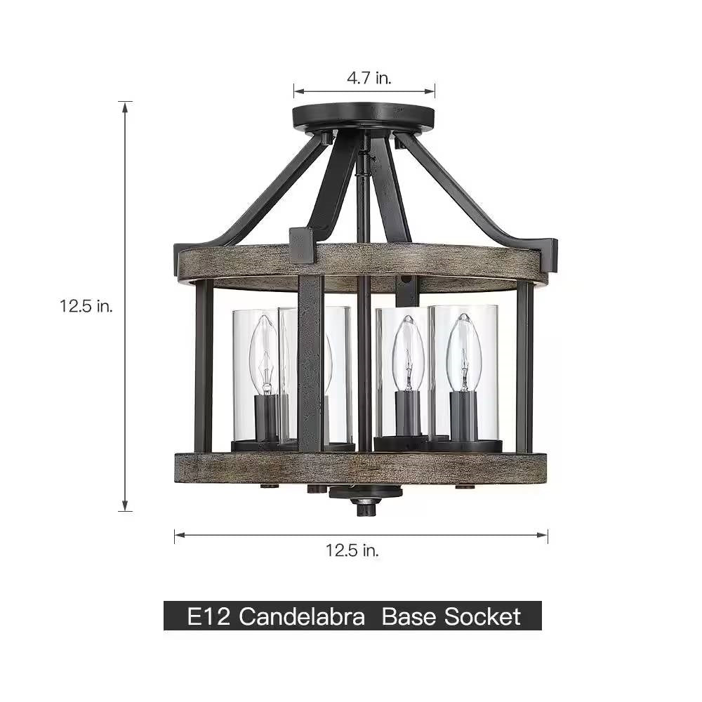 Round 4-Light 12.5-inch Metal Wood Farmhouse Ceiling Lamp - Semi-Flush Mount-4