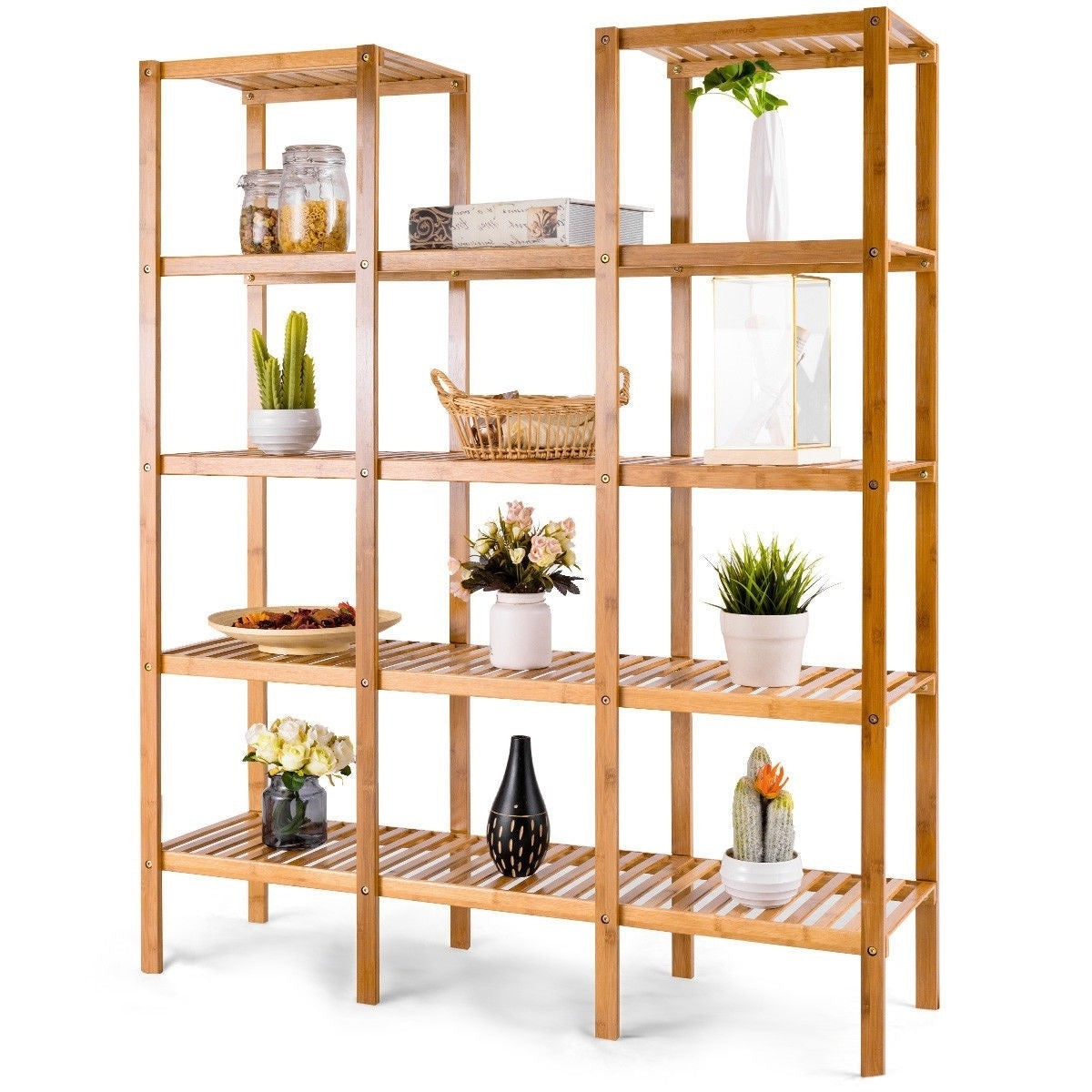 Bamboo Wood 4-Shelf Bookcase Plant Stand Shelving Unit-0