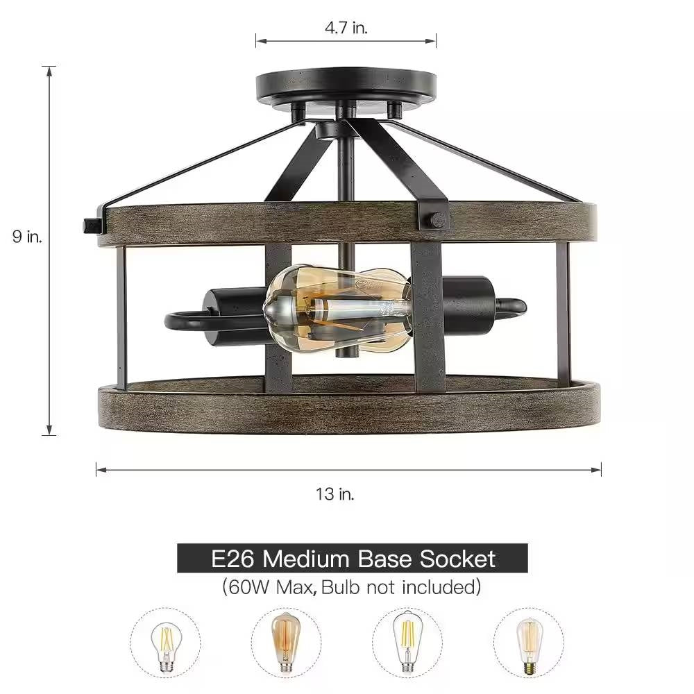 Round 13-inch Metal Wood Farmhouse 2-Light Ceiling Lamp - Semi-Flush Mount-4