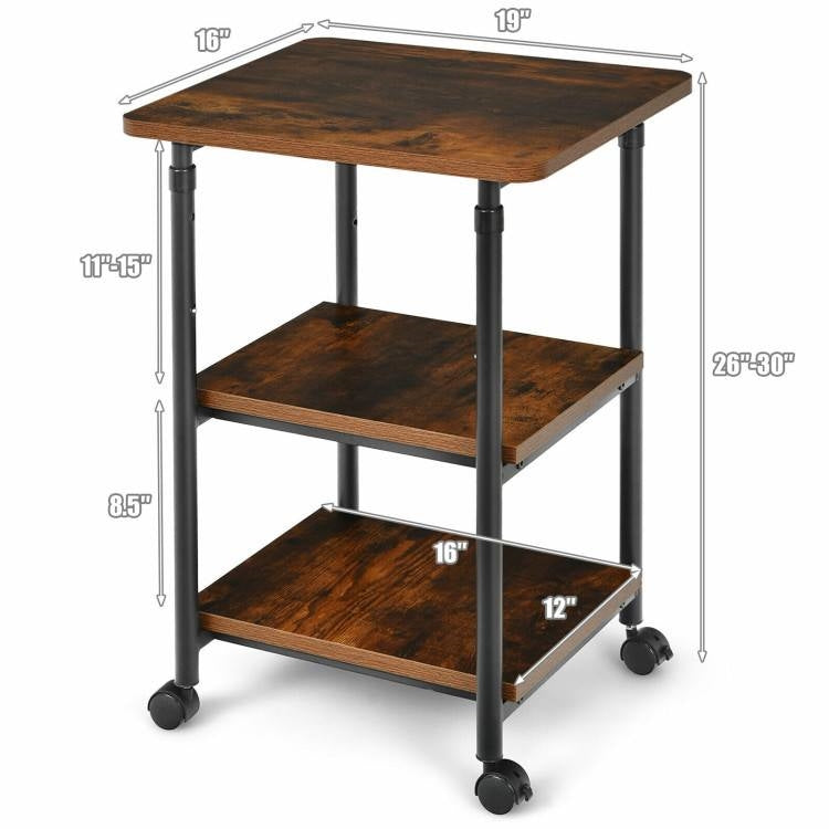 Brown/Black Multifunction Adjustable Height 3-tier Printer Stand on Wheels-2