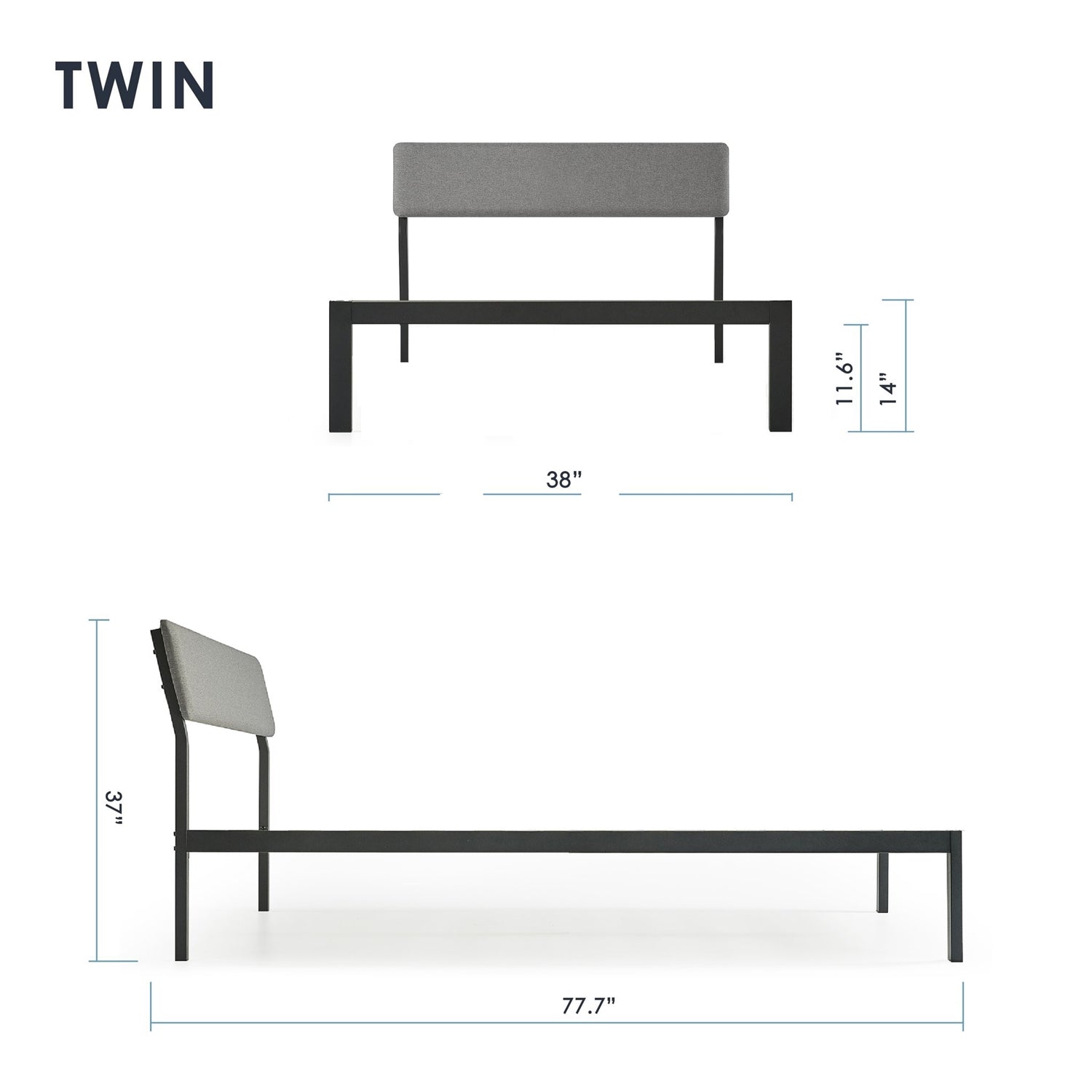 Twin Size Grey Soft Fabric Metal Headboard Platform Bed Wooden Slats-4