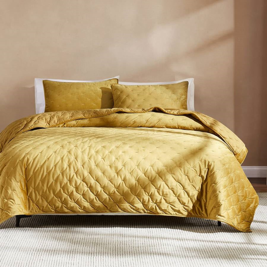 Full / Queen 3-Piece Mustard Yellow Velvet Embroidered Lavishly Soft Quilt Set-1