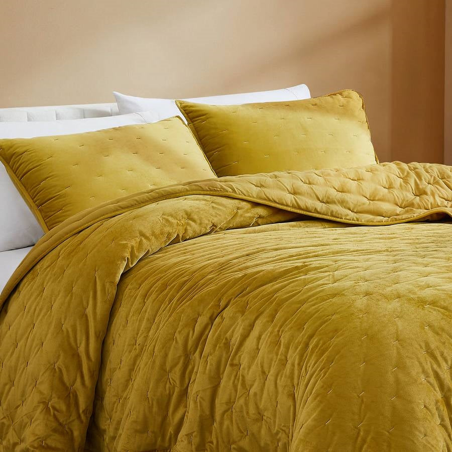 Full / Queen 3-Piece Mustard Yellow Velvet Embroidered Lavishly Soft Quilt Set-2