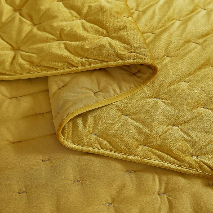 Full / Queen 3-Piece Mustard Yellow Velvet Embroidered Lavishly Soft Quilt Set-3