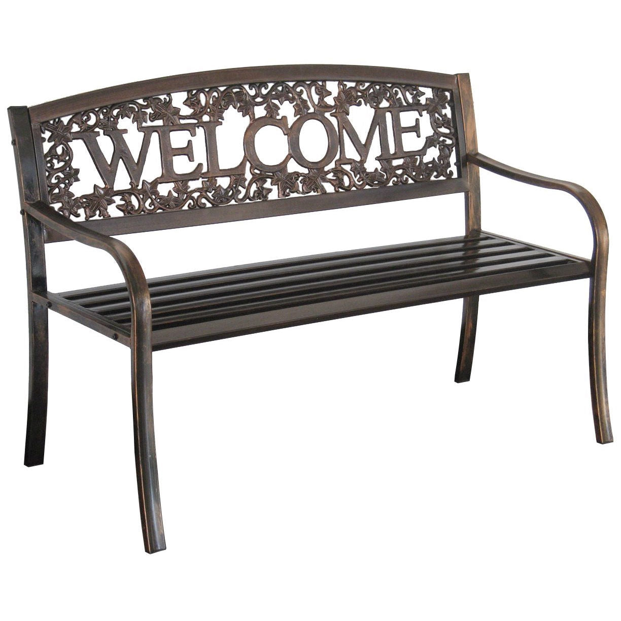 Outdoor Weather Resistant Metal Garden Bench with Welcome Floral Back-0