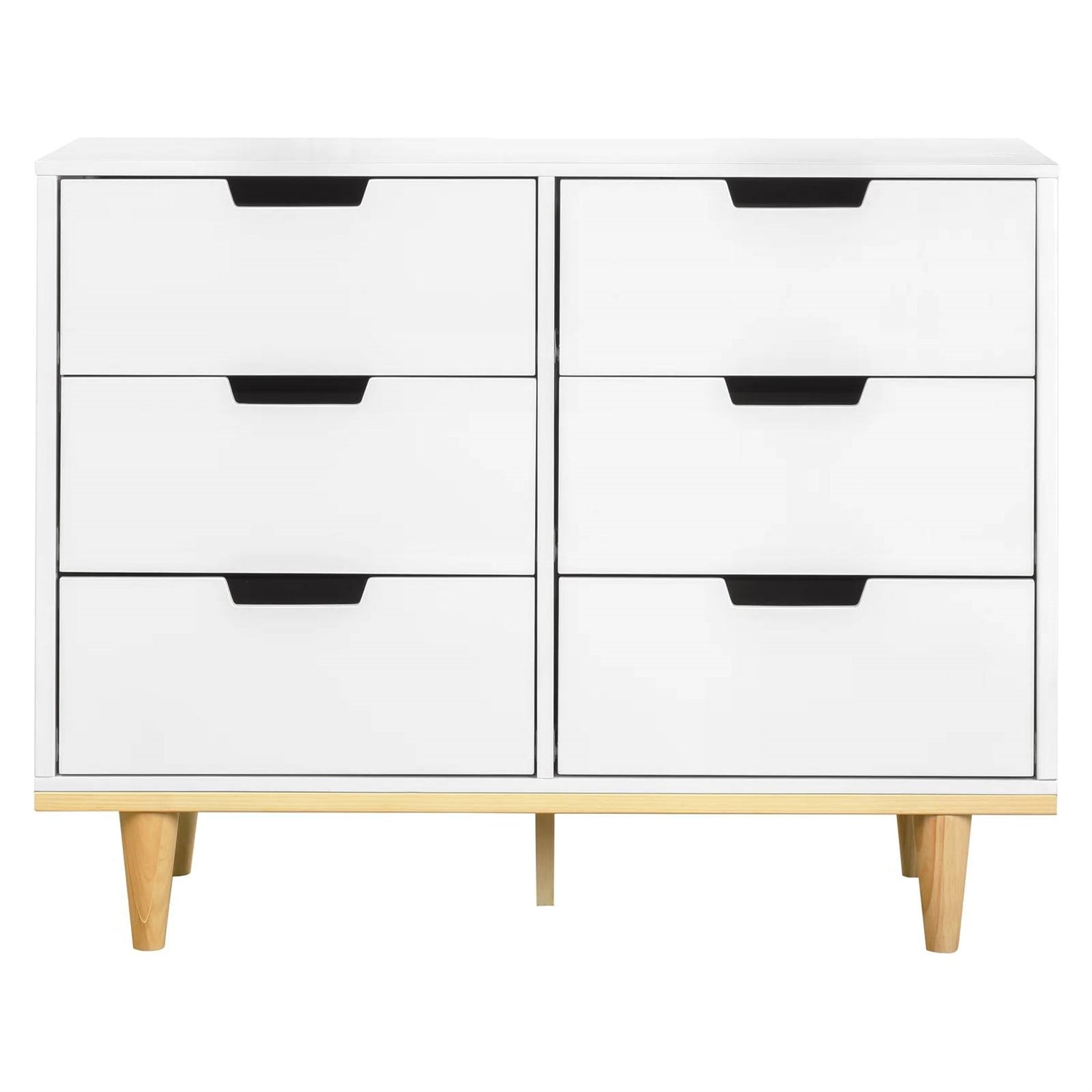 Modern Mid-Century Style 6-Drawer Double Dresser in White Natural Wood Finish-0