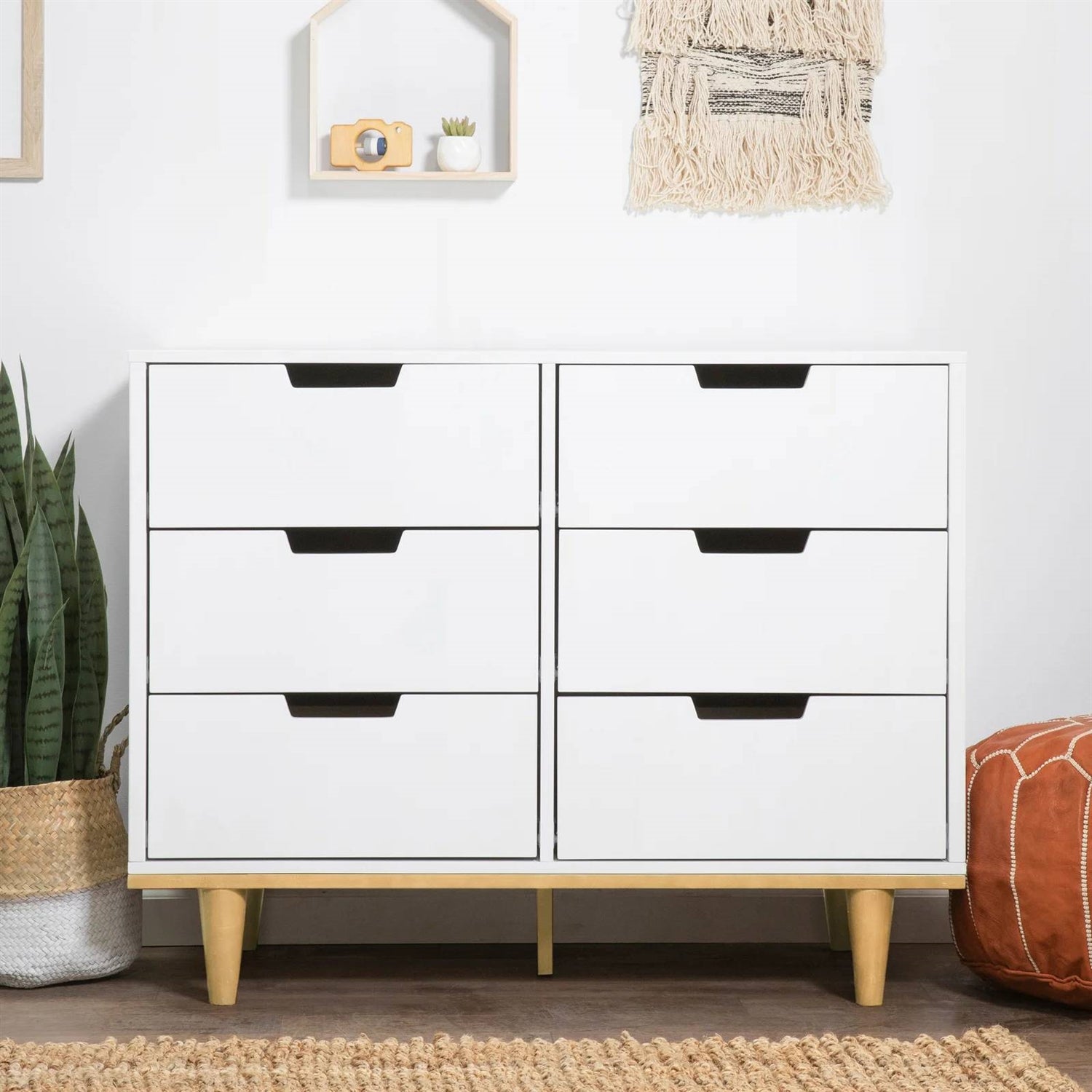 Modern Mid-Century Style 6-Drawer Double Dresser in White Natural Wood Finish-1