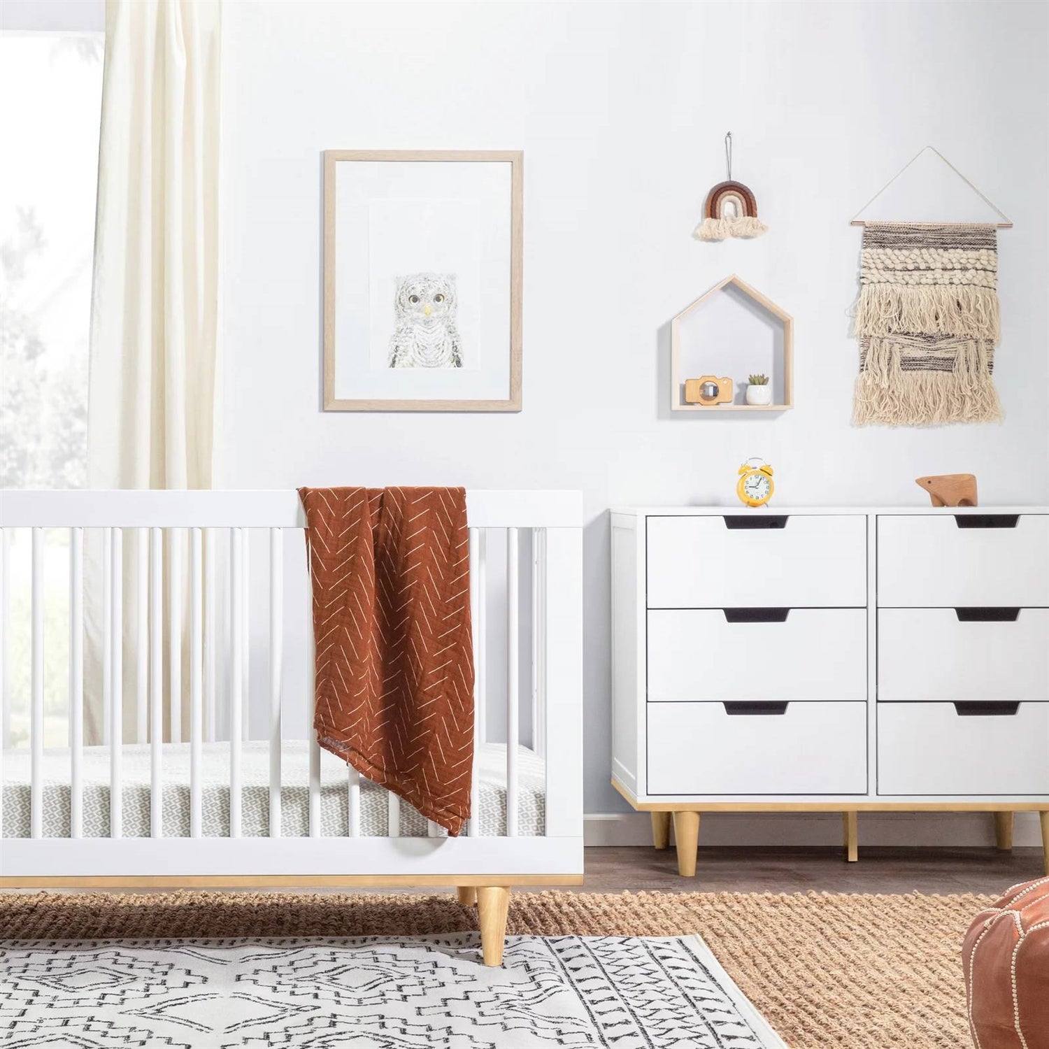 Modern Mid-Century Style 6-Drawer Double Dresser in White Natural Wood Finish-2