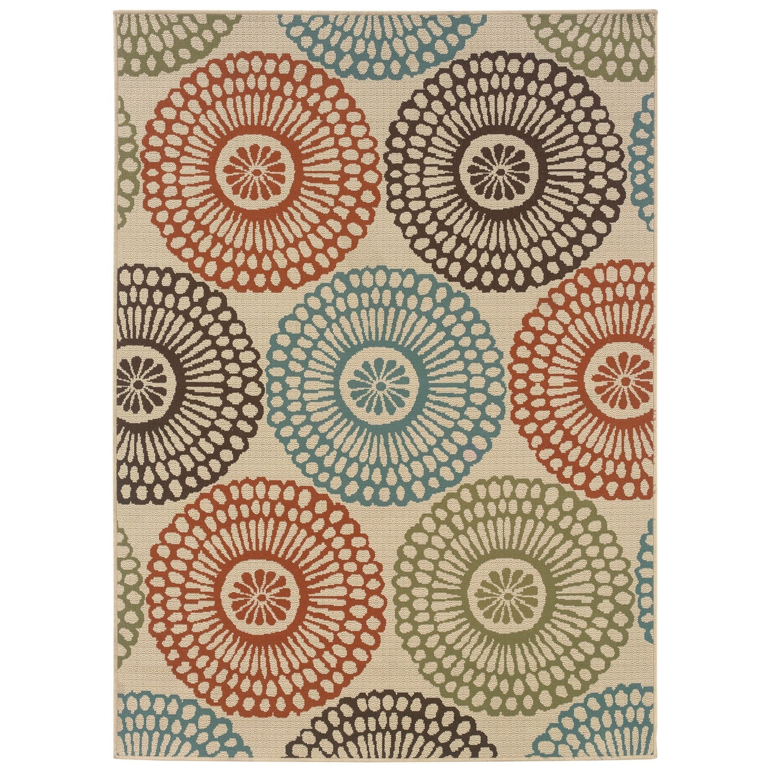 7'10" x 10'10" Indoor / Outdoor Beige Area Rug with Colorful Circle Pattern-0