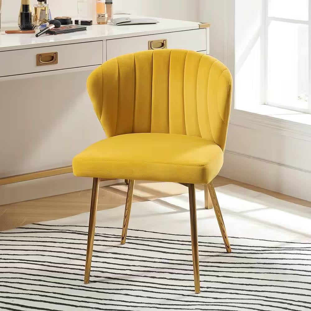 Mustard Yellow Velvet Upholstered Wingback Accent Side Chair w/ Gold Metal Legs-0