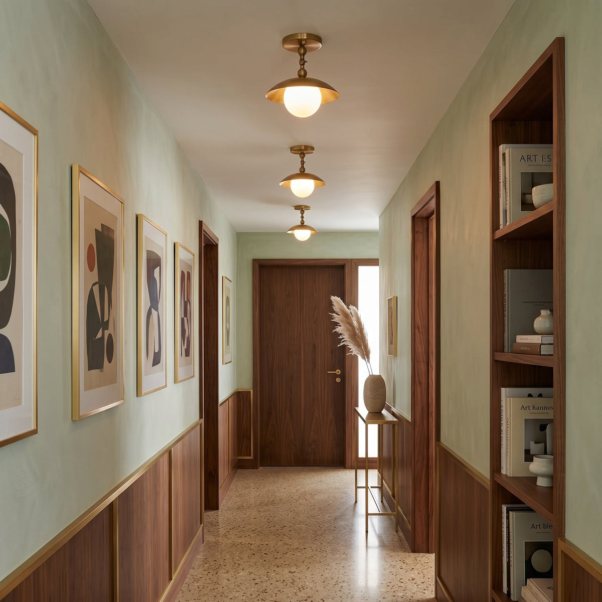 Brass Dome Semi-Flush Ceiling Lamp with Alabaster Shade | Mid-Century Light
