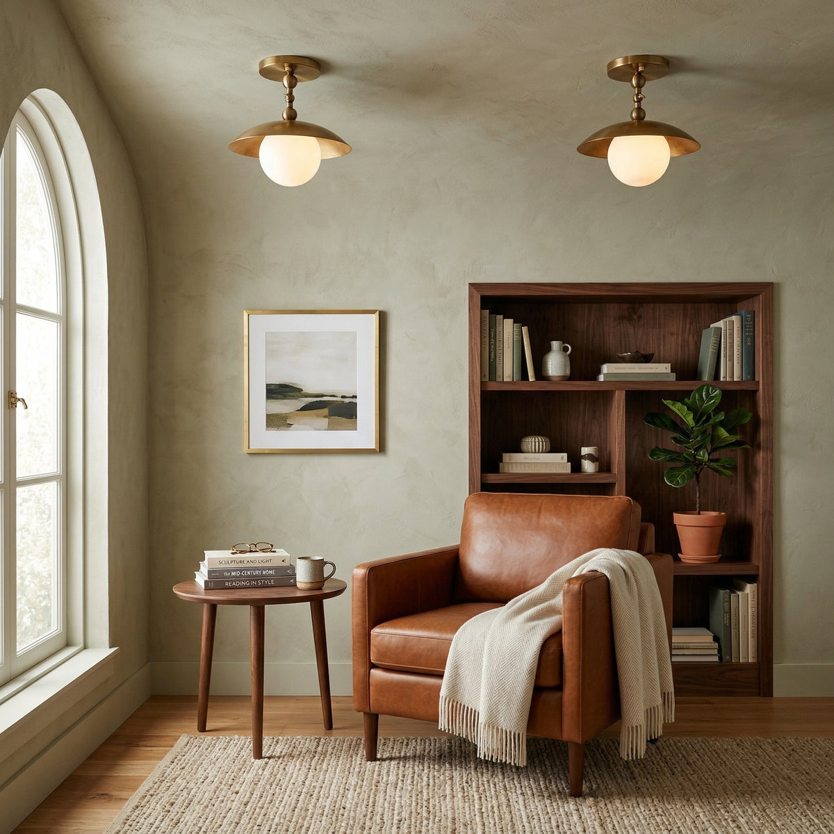Brass Dome Semi-Flush Ceiling Lamp with Alabaster Shade | Mid-Century Light