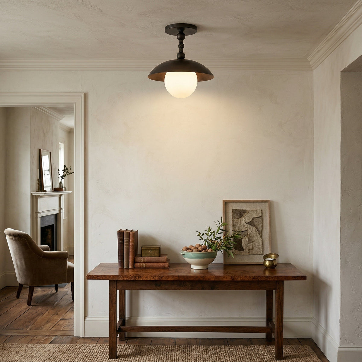 Brass Dome Semi-Flush Ceiling Lamp with Alabaster Shade | Mid-Century Light