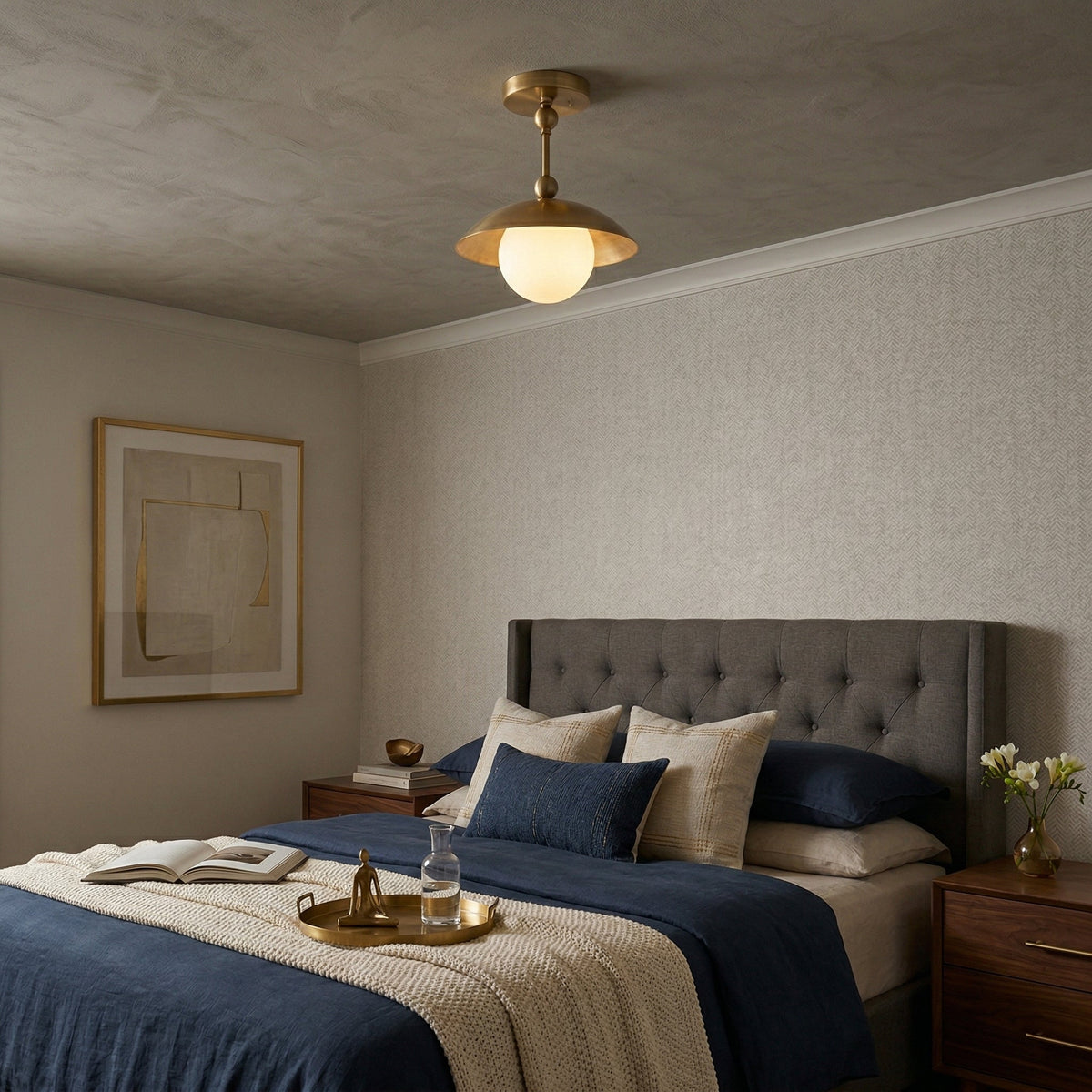 Brass Dome Semi-Flush Ceiling Lamp with Alabaster Shade | Mid-Century Light