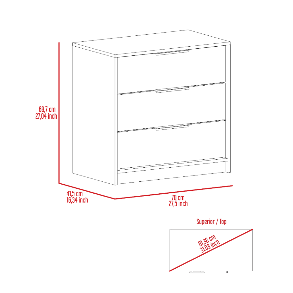 3 Drawers Dresser Maryland, Superior Top, White Finish-4