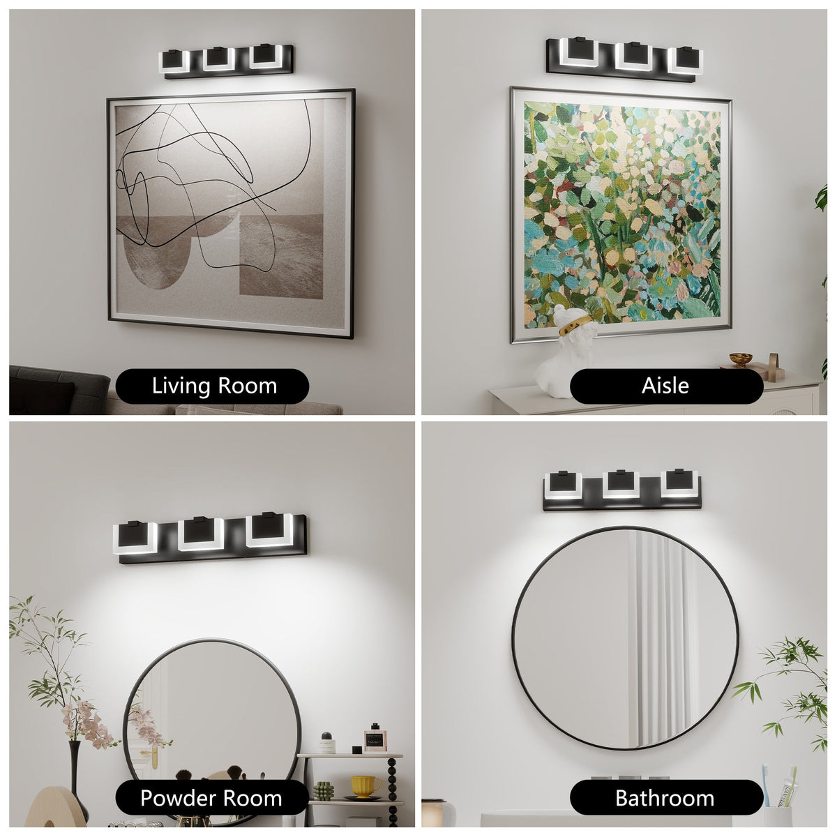 LED Vanity Light Up & Down | 3/4/5/6-Light Dimmable Bathroom Wall Sconce with Frosted Acrylic Shade — Matte Black, 6000K, 18W