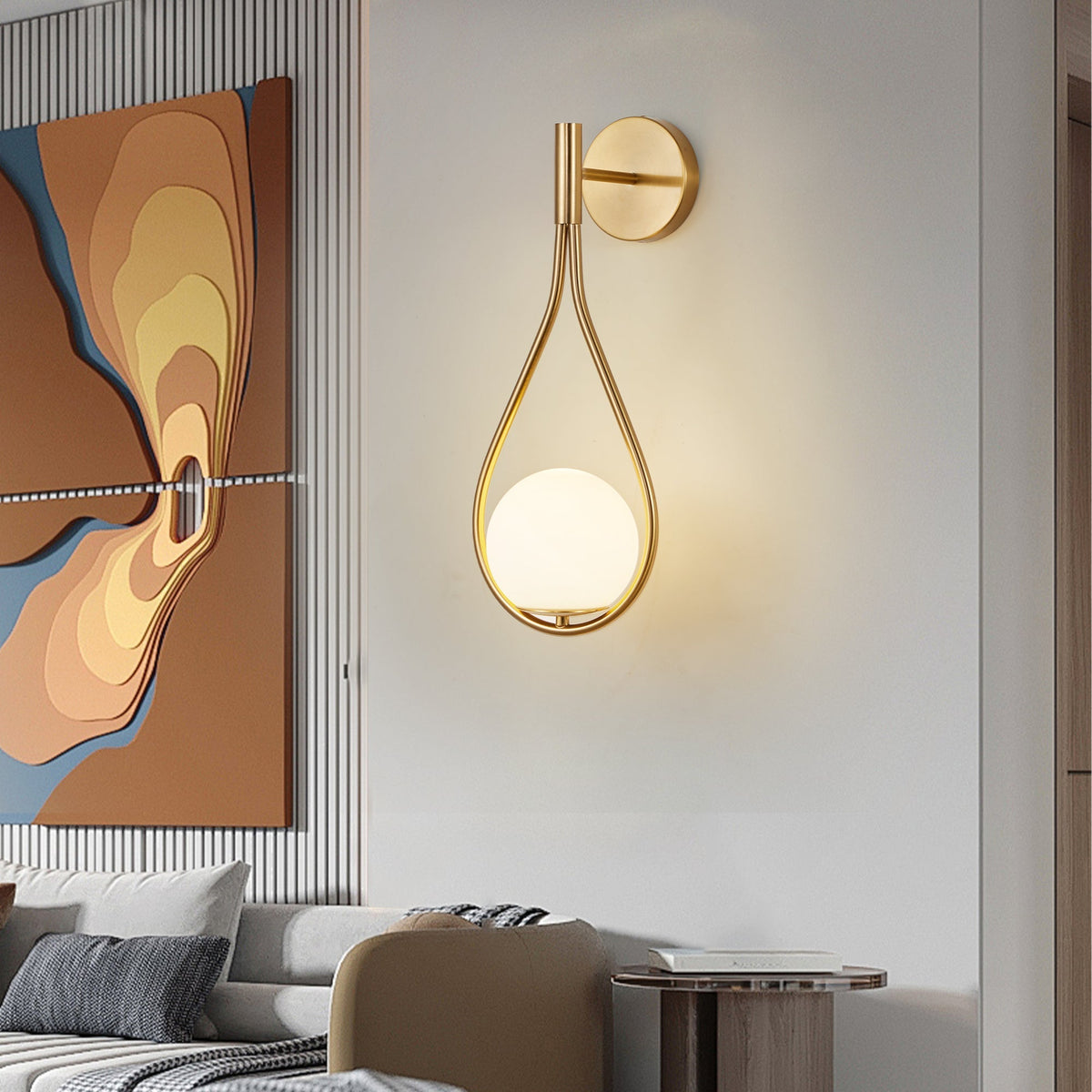 19" Set of 2 Modern Gold Wall Sconces with Opal Glass Globe, Mid-Century Design, Luxury Wall Lights