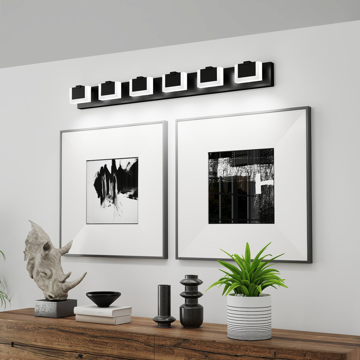 LED Vanity Light Up & Down | 3/4/5/6-Light Dimmable Bathroom Wall Sconce with Frosted Acrylic Shade — Matte Black, 6000K, 18W