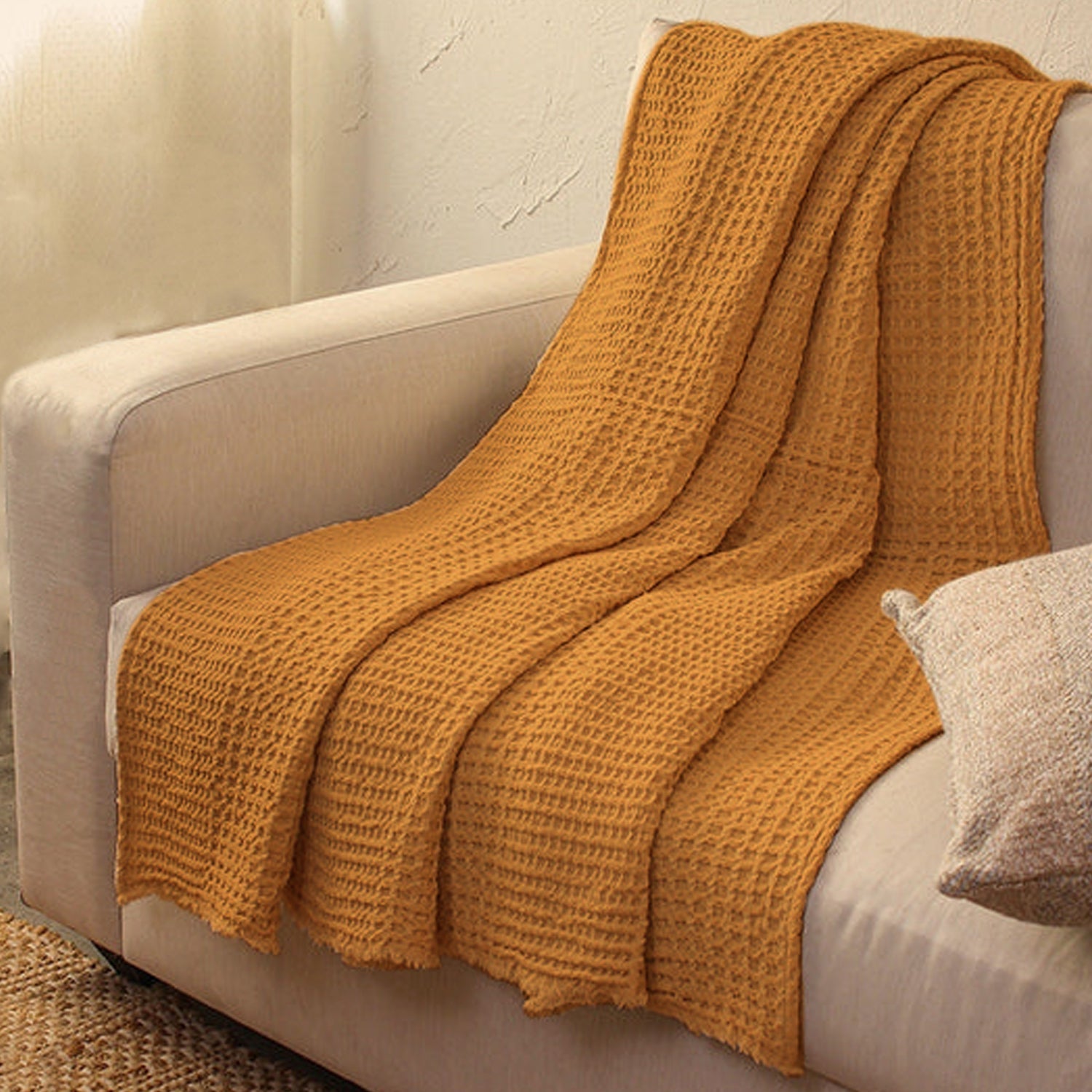 Mustard Yellow - Waffle Weave Throw Blanket | Super Soft | Pre-Washed | Pure Linen, Linen Cotton Mix or Pure Cotton Fabric-0