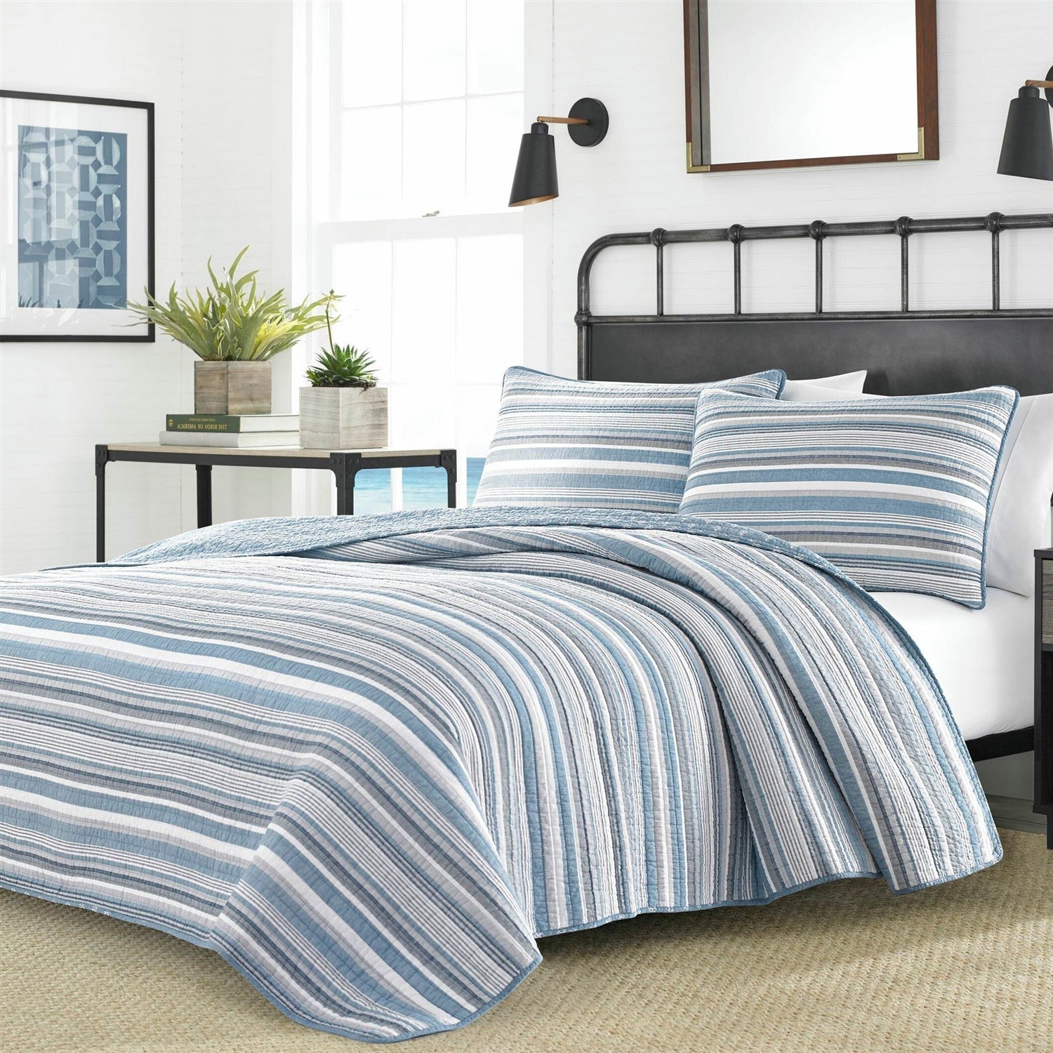 Full/Queen 3 Piece Nautical Anchor Blues 100-Percent Cotton Reversible Quilt Set-0