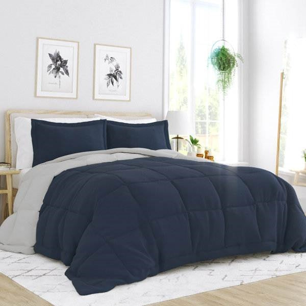 Twin/Twin XL 2-Piece Microfiber Reversible Comforter Set in Navy Blue/Grey-0