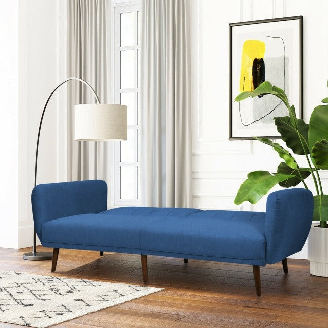 Modern Scandinavian Blue Linen Upholstered Sofa Bed with Wooden Legs-2