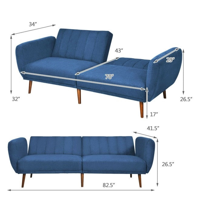 Modern Scandinavian Blue Linen Upholstered Sofa Bed with Wooden Legs-4