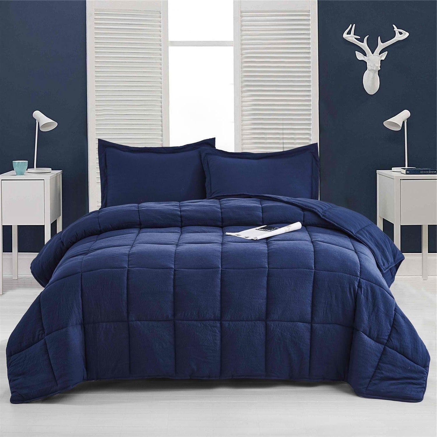 King Size Navy 3 Piece Microfiber Reversible Comforter Set-0