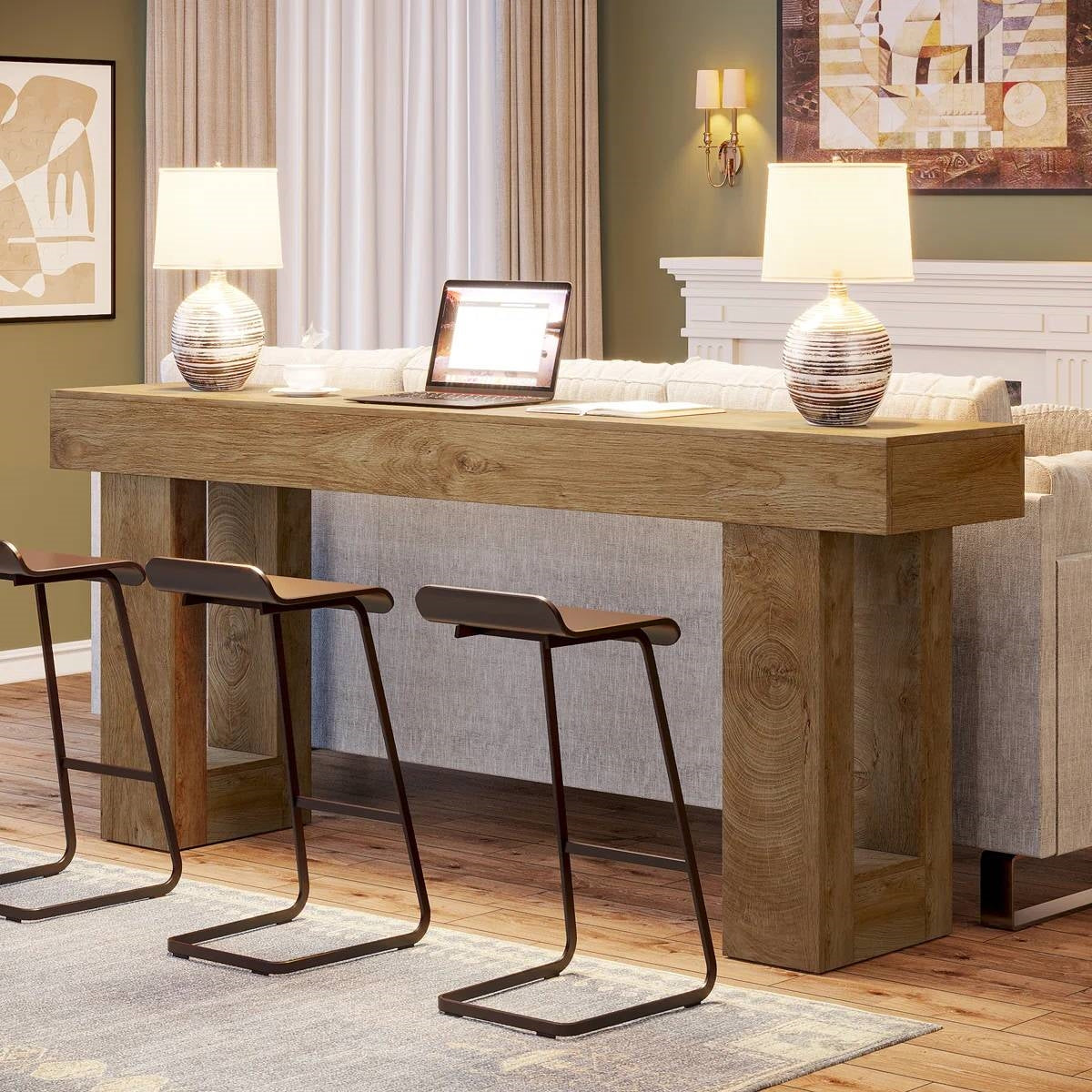 Modern Farmhouse 63-inch Long Narrow Console Sofa Table in Natural Wood Finish-2